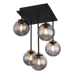 5-rookglasbol plafondlamp verticaal zwart/messing Globo Jorge