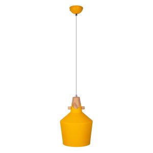 Moderne gele hanglamp met hout-look kap Jacoba