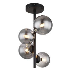 Zwarte verticale 4-rookglasbol plafondlamp Globo Riha