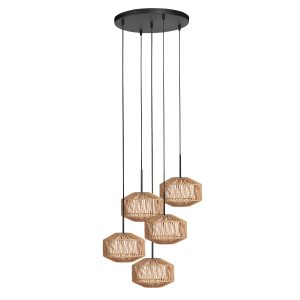 Zwarte hanglamp met vijf touwlampenkappen Mexlite HaloSwap