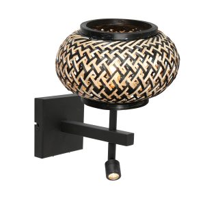 Zwarte wandlamp met bamboekap en leeslicht Steinhauer Stang